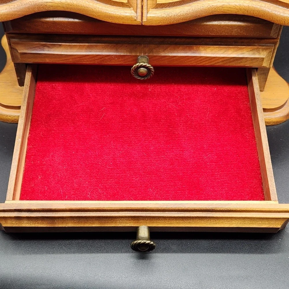 Vintage Wooden Jewelry Box Organizer Red Velvet Lined Drawers Storage